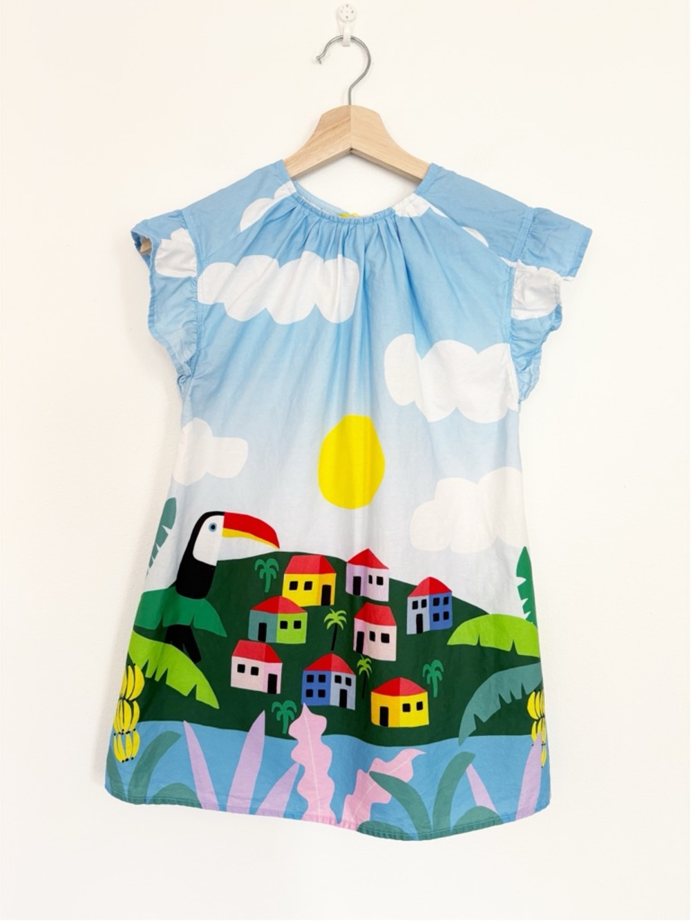 Fabula by Farm Rio || Calhaus Toucan City Town Print Dress Palm‎ Banana Blue 8